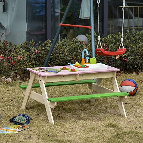 Outsunny Juego de Mesa y 2 Bancos para Niños Mesa de Picnic Infantil de Madera con Arenero o Piscina Fregadero y 14 Juguetes de Cocina para Jardín Exterior 94x89x50,5 cm Multicolor