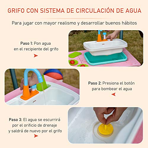 Outsunny Juego de Mesa y 2 Bancos para Niños Mesa de Picnic Infantil de Madera con Arenero o Piscina Fregadero y 14 Juguetes de Cocina para Jardín Exterior 94x89x50,5 cm Multicolor