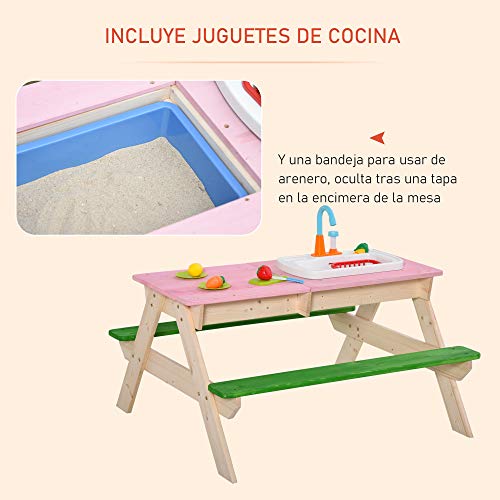 Outsunny Juego de Mesa y 2 Bancos para Niños Mesa de Picnic Infantil de Madera con Arenero o Piscina Fregadero y 14 Juguetes de Cocina para Jardín Exterior 94x89x50,5 cm Multicolor