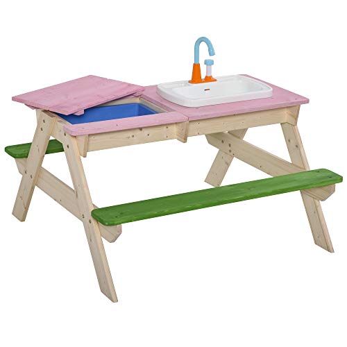 Outsunny Juego de Mesa y 2 Bancos para Niños Mesa de Picnic Infantil de Madera con Arenero o Piscina Fregadero y 14 Juguetes de Cocina para Jardín Exterior 94x89x50,5 cm Multicolor