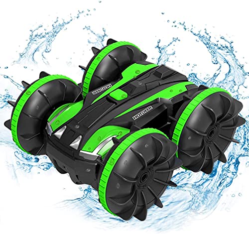 OUTTUO Coche Teledirigido Anfibio Control Remoto, Coches controlados Acrobacia Rotación Volteo de 360 Grados Impermeable Anfibios en Agua y Tierra ,Juguetes Niño 6+ Años para Niños Regalos（Verde）