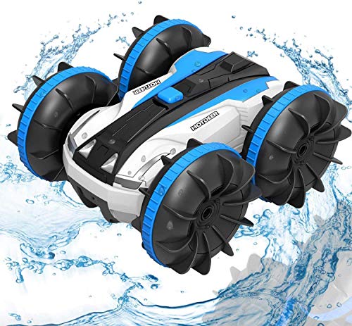 OUTTUO Coche Teledirigido Anfibio Control Remoto, Coches controlados Acrobacia Rotación Volteo de 360 Grados Impermeable Anfibios en Agua y Tierra ,Juguetes Niño 6+ Años para Niños Regalos（Azul）