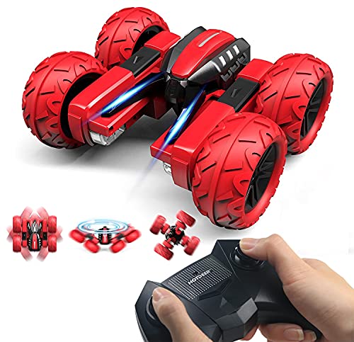 OUTTUO Stunt Coche Teledirigido Anfibio 2.4GHz Stunt RC Juguetes Control Remoto de Rotación Volteo de 360° Coche para con Luces LED Regalo con Destornillador Coche Teledirigido Recargable-Rosso