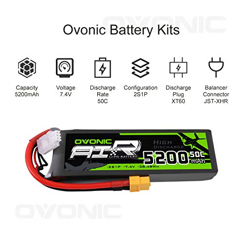 OVONIC Batería LiPo RC 7,4 V 5200 mAh 50C 2S con conector XT60 RC Evader BX Auto RC RC Truggy RC avión UAV dron FPV