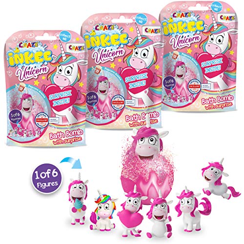 Pack 3 Bombas de Baño Infantiles de Unicornios con Juguete Regalo Sorpresa figurita de Unicornio. Lote de 3 Sales de Baño Espumosas para Bañera o Piscina de Niños con Olor a Palomitas de Maíz.