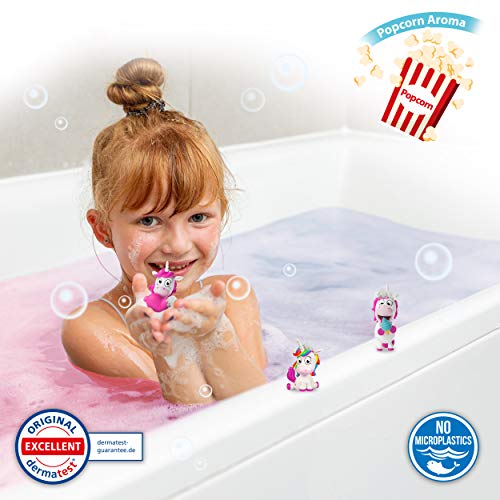 Pack 3 Bombas de Baño Infantiles de Unicornios con Juguete Regalo Sorpresa figurita de Unicornio. Lote de 3 Sales de Baño Espumosas para Bañera o Piscina de Niños con Olor a Palomitas de Maíz.