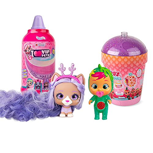 Pack de 2 Cápsulas: 1 Bebés Llorones Lágrimas Mágicas Tutti Frutti mini muñeca que llora + 1 VIP Pets perrita a peinar