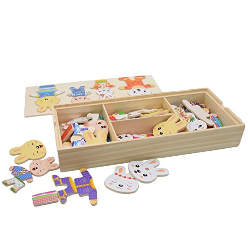 PAMRAY Rompecabezas de Vestir Juguetes Puzzles Osos Conejos Cambiar la Ropa DIY para Madera Juego para Niñas Niños Bebés de Dress up Toy de 3 Años y Más 72 Piezas Conejo