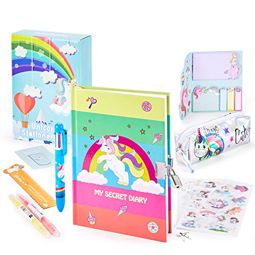 Paochocky 14 PCS Juego de papelería Bonita de Unicornio,Cuaderno de Diario con Cerradura Regalos de cumpleaños Navidad para niñas