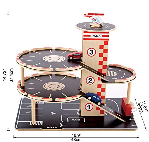 Parking Juego de Garaje de Madera para Coches de Juguete de Hape, Rampa para Coches con Cuatro Plantas de Aparcamiento, 2 Coches de Juguete, 1 Helicóptero de Juguete