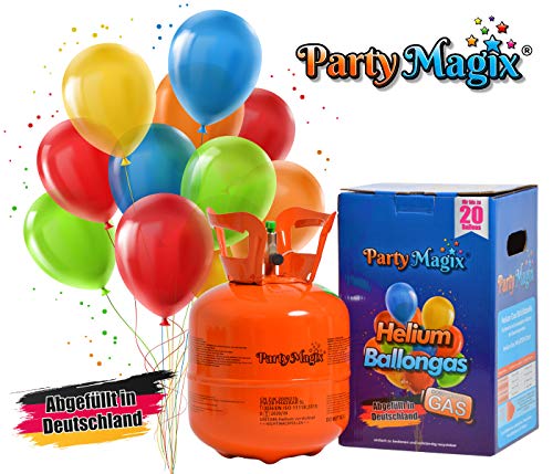 PartyMagix Bombona de gas helio prémium, pequeña, para 20 globos, envasada en Alemania, botella de helio, bombona de helio, para globos, gas, cumpleaños, fiestas, bodas, globos desechables