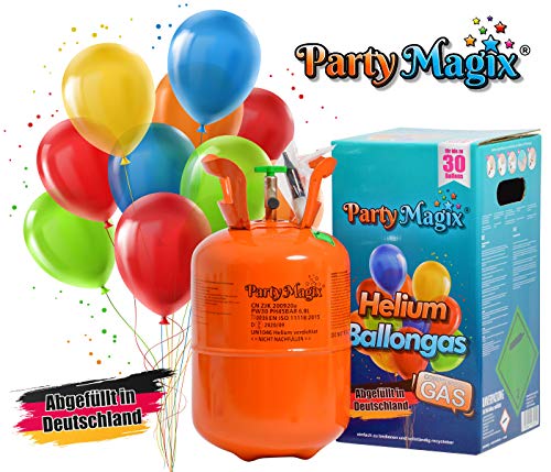 PartyMagix Helio Premium - Gas para globos, envasado en Alemania, para 30 globos, bombona de gas, para decoración de cumpleaños, fiestas, bodas, globos desechables (para aprox. 30 globos)