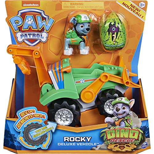 PAW Patrol Dino Rescue Rocky's Deluxe Rev Up Vehículo con figura de dinosaurio misterioso