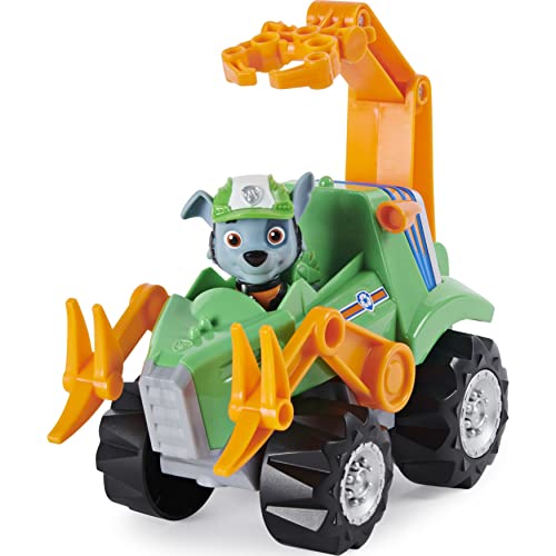 PAW Patrol Dino Rescue Rocky's Deluxe Rev Up Vehículo con figura de dinosaurio misterioso