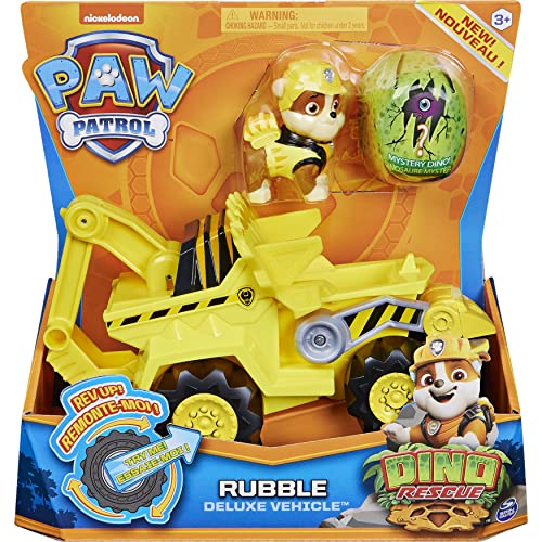 PAW Patrol Dino Rescue Rubble's Deluxe Rev Up Vehículo con Figura de Dinosaurio Misterioso