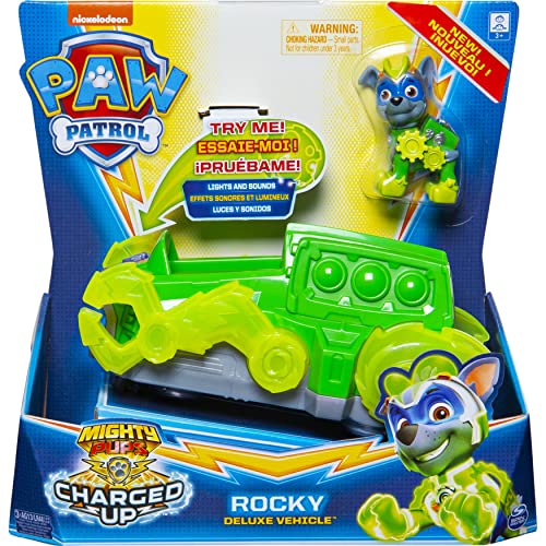 PAW Patrol Mighty Pups Charged Up Rocky's Deluxe - Vehículo con Luces y Sonidos de la Patrulla Canina