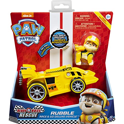 PAW Patrol Vehículo de Lujo Ready, Race, Rescue Rubble's Race & Go con Sonidos, para niños Mayores de 3 años