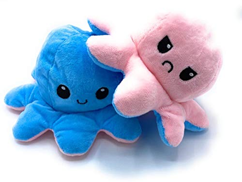 Peluche de Felpa Pulpo Reversible, Pulpo de Doble Cara, una Cara Sonriente y la Otra Cara Triste, para Expresar Tus propias emociones. (Azulrosa)