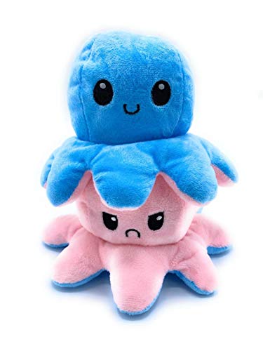 Peluche de Felpa Pulpo Reversible, Pulpo de Doble Cara, una Cara Sonriente y la Otra Cara Triste, para Expresar Tus propias emociones. (Azulrosa)