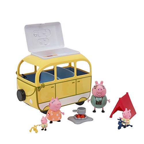 Peppa Pig, Camping-Car con Tienda de campaña y 4 Personajes, Figuras de Familia con Ropa de Vacaciones, Bicicletas, Luces de Campamento y Accesorios, Juguete para niños a Partir de 3 años, PPC46