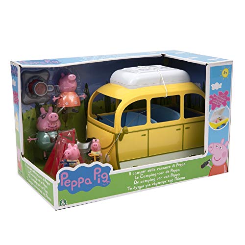 Peppa Pig, Camping-Car con Tienda de campaña y 4 Personajes, Figuras de Familia con Ropa de Vacaciones, Bicicletas, Luces de Campamento y Accesorios, Juguete para niños a Partir de 3 años, PPC46