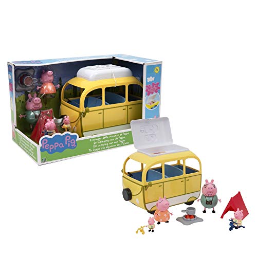 Peppa Pig, Camping-Car con Tienda de campaña y 4 Personajes, Figuras de Familia con Ropa de Vacaciones, Bicicletas, Luces de Campamento y Accesorios, Juguete para niños a Partir de 3 años, PPC46