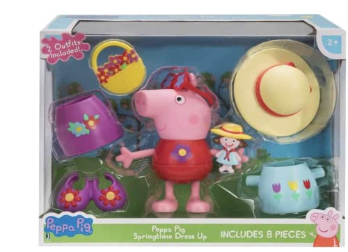 Peppa Pig Jazwares PEP0496 – Disfraz de Peppa Pig primaveral, Aprox. 13 cm, Figura de Peppa Pig, con 7 Trajes y Accesorios Diferentes, Juego Original para niños a Partir de 2 años