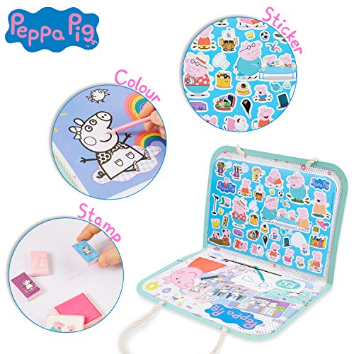 Peppa Pig Maletin Manualidades Niños, Juego de Actividades con Pegatinas Infantiles Libro Colorear Lapices de Colores y Sellos, Regalos Creativos para Niños y Niñas