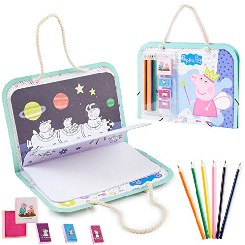 Peppa Pig Maletin Manualidades Niños, Juego de Actividades con Pegatinas Infantiles Libro Colorear Lapices de Colores y Sellos, Regalos Creativos para Niños y Niñas