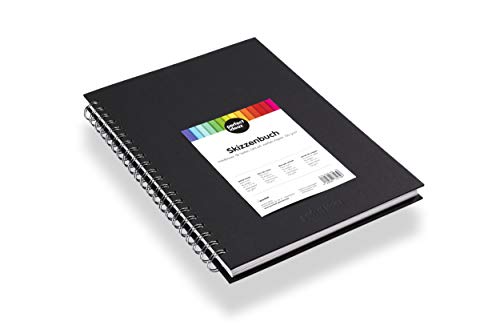 perfect ideaz Cuaderno de bocetos DIN A4, 96 páginas (48 hojas), dibujo profesional, tapa dura negra, encuadernado anillas en espiral con papel en blanco, 200 g, cuaderno negro en blanco para dibujar