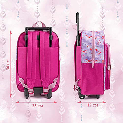 PERLETTI Mochila con Ruedas Disney Frozen 2 para Niña Rosa Lila - Bolsa Escolar Niñas Princesas Ana Elsa con Bolsillo Frontal - Mochila Trolley Niños para Guardería Viajes Tiempo Libre - 36x25x12 cm