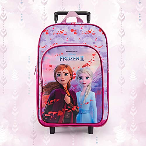 PERLETTI Mochila con Ruedas Disney Frozen 2 para Niña Rosa Lila - Bolsa Escolar Niñas Princesas Ana Elsa con Bolsillo Frontal - Mochila Trolley Niños para Guardería Viajes Tiempo Libre - 36x25x12 cm