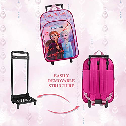 PERLETTI Mochila con Ruedas Disney Frozen 2 para Niña Rosa Lila - Bolsa Escolar Niñas Princesas Ana Elsa con Bolsillo Frontal - Mochila Trolley Niños para Guardería Viajes Tiempo Libre - 36x25x12 cm