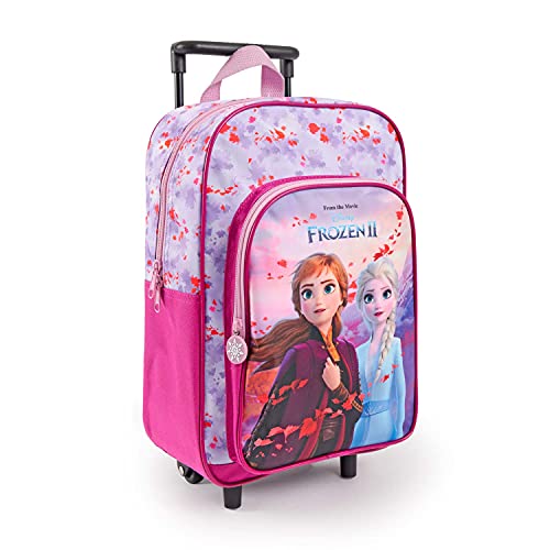 PERLETTI Mochila con Ruedas Disney Frozen 2 para Niña Rosa Lila - Bolsa Escolar Niñas Princesas Ana Elsa con Bolsillo Frontal - Mochila Trolley Niños para Guardería Viajes Tiempo Libre - 36x25x12 cm