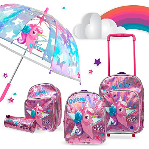 PERLETTI Set Escolar Unicornio Niña Mochila + Estuche - Bolso Infantil para Escuela Guardería y Viajes - Bolsa con Detalles Reflectantes y Cremallera de Estrella - 32x23x15 cm (Unicornio con Estuche)