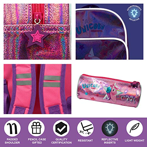 PERLETTI Set Escolar Unicornio Niña Mochila + Estuche - Bolso Infantil para Escuela Guardería y Viajes - Bolsa con Detalles Reflectantes y Cremallera de Estrella - 32x23x15 cm (Unicornio con Estuche)