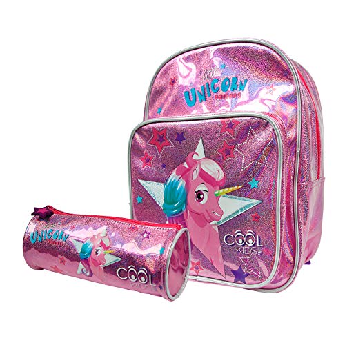 PERLETTI Set Escolar Unicornio Niña Mochila + Estuche - Bolso Infantil para Escuela Guardería y Viajes - Bolsa con Detalles Reflectantes y Cremallera de Estrella - 32x23x15 cm (Unicornio con Estuche)