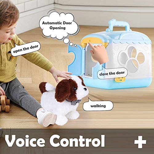 Perro de juguete electrónico de peluche,Carrier activado por voz DogHouse Care Pet Play Set. Cachorros de juguete para caminar, ladrar, mascotas y accesorios, para 3-6 niños/niñas (Barry-Azul)