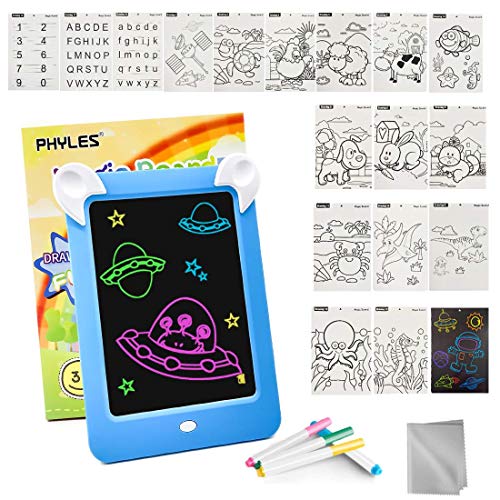 PHYLES Tablero de Dibujo Mágico, Pizarra 3D Mágico con Luces LED para Niños, Boceto, Arte, Juguetes Educativos, Incluye 10 Plantillas, 4 Bolígrafos, 1 Paño de Limpieza (New Azul)