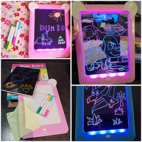 PHYLES Tablero de Dibujo Mágico, Pizarra 3D Mágico con Luces LED para Niños, Boceto, Arte, Juguetes Educativos, Incluye 10 Plantillas, 4 Bolígrafos, 1 Paño de Limpieza (New Azul)