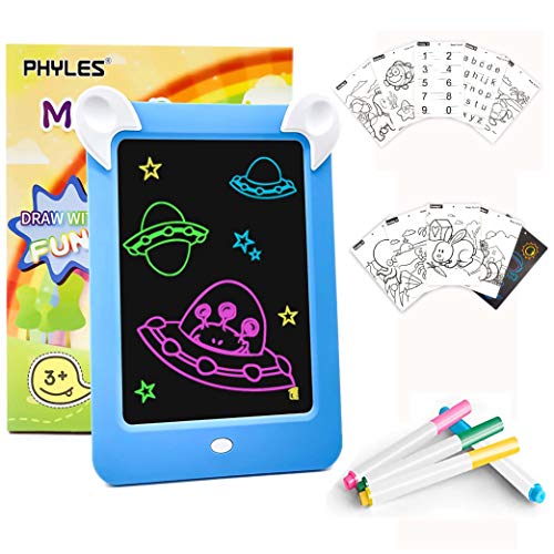 PHYLES Tablero de Dibujo Mágico, Pizarra 3D Mágico con Luces LED para Niños, Boceto, Arte, Juguetes Educativos, Incluye 10 Plantillas, 4 Bolígrafos, 1 Paño de Limpieza (New Azul)