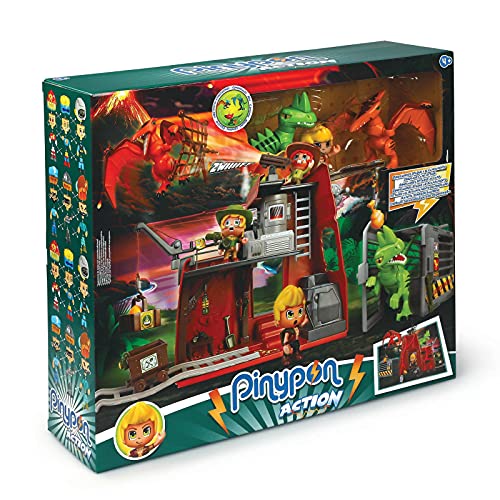 Pinypon Action - Wild, Dinos atacan campamento, incluye 2 dinosaurios del jurásico desmontables con partes intercambiables, figura de explorador y más accesorios, Famosa (700016683)