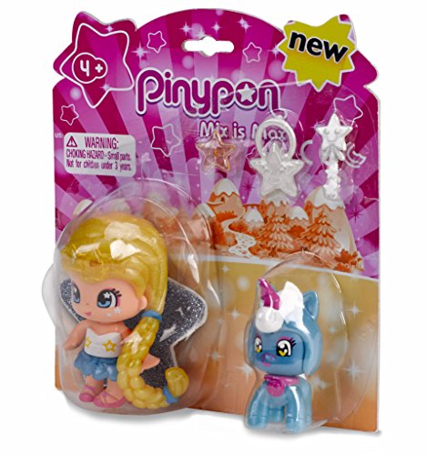 Pinypon- Figura estrella y mascota unicornio, colores azul y amarillo, efecto perlado (Famosa 700014276)