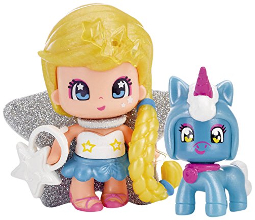 Pinypon- Figura estrella y mascota unicornio, colores azul y amarillo, efecto perlado (Famosa 700014276)