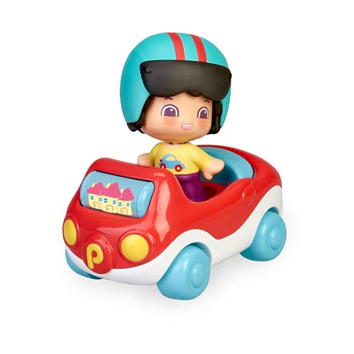 Pinypon - My First, Happy Vehículos Coche, Cochecito rojo de juguete con ruedas, un cilindro con dibujos para jugar y espacio para una figura de conductor con casco Pinpon incluido FAMOSA(700016288)