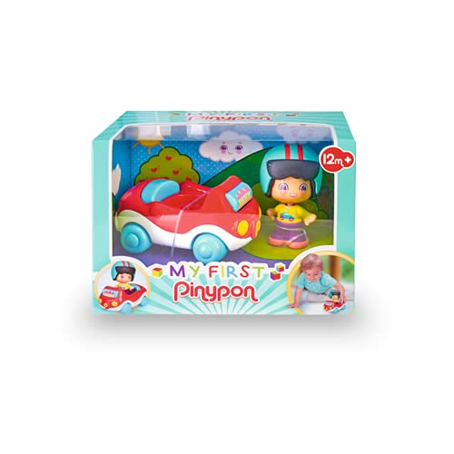 Pinypon - My First, Happy Vehículos Coche, Cochecito rojo de juguete con ruedas, un cilindro con dibujos para jugar y espacio para una figura de conductor con casco Pinpon incluido FAMOSA(700016288)