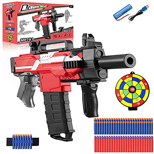 Pistola Eléctrica de Juguete con Clip de 12 Dardos, MP7A1 Automática para Nerf Flechas + 100 Balas Espuma + Batería Recargable USB, 3 Modos de Disparo, Regalos para 5-15 años niño, Adolescente, Adulto