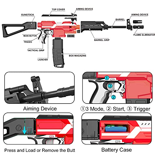 Pistola Juguete Eléctrica con Clip 12 Dardos, AK47 Armas Juegete Automático Grande para Nerf Flechas con 100 Espuma Balas, 3 Modos Disparo, USB Recargable, Regalo para Niños 6+, Adolescentes, Adultos