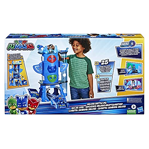 PJ Masks - Cuartel General Deluxe - Juguete Preescolar - Cuartel General con 2 Figuras de acción, vehículo Gatomóvil y más para niños de 3 años en adelante