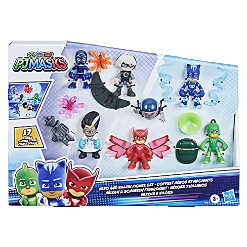 PJ Masks Set de Figuras de héroes y Villanos niños en Edad Preescolar, 7 Figuras de acción con 10 Accesorios, a Partir de 3 años